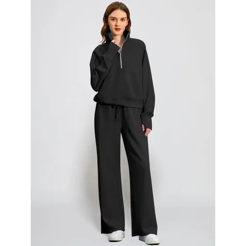 Dames Casual Effen Kleur Lange Mouw Rits Sweatshirt En Wijdene Broek Activewear Pak