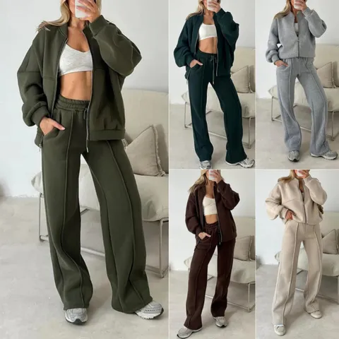 Dames Casual Effen Kleur Lange Mouw Opstaande Kraag Rits Sweatshirt En Wijdere Broek Tweedelig Trainingspak