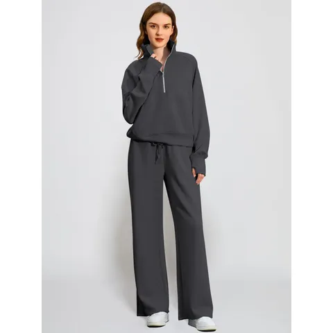Dames Casual Effen Kleur Lange Mouw Rits Sweatshirt En Wijdene Broek Activewear Pak