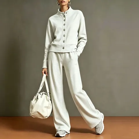 Dames Sweatshirt met Opstaande Kraag en Knopen en Wijde Pijpen Broek Top en Bottom Effen Kleur Casual Outfit