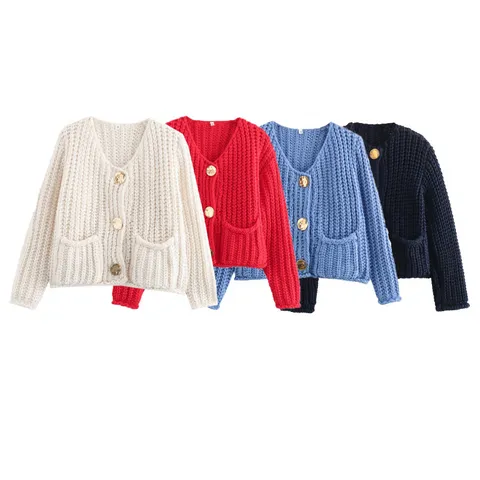 Dames Casual V-Hals Enkelknoops Lange Mouw Korte Gebreid Cardigan Effen Kleur Knop Zak Trui Jas Bovenkleding