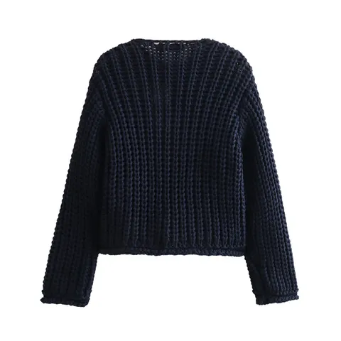 Dames Casual V-Hals Enkelknoops Lange Mouw Korte Gebreid Cardigan Effen Kleur Knop Zak Trui Jas Bovenkleding