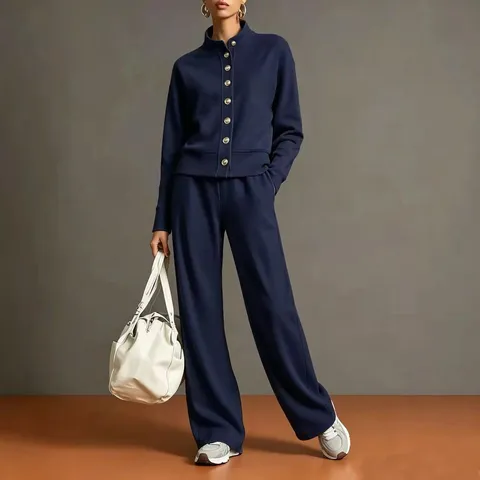 Dames Sweatshirt met Opstaande Kraag en Knopen en Wijde Pijpen Broek Top en Bottom Effen Kleur Casual Outfit