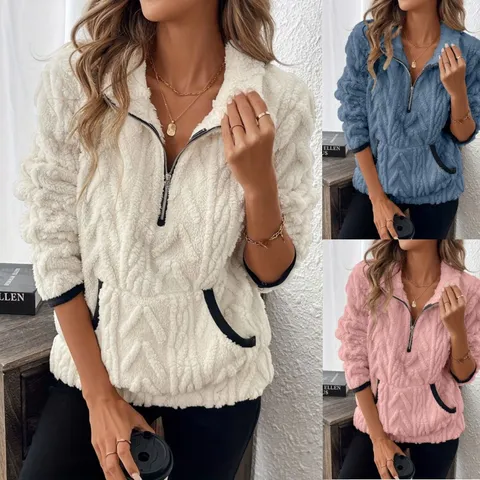 Dames Casual Halve Rits Jacquard Fleece Sweatshirt Lange Mouw Staande Kraag Contrastkleur Korte Trui Winter Bovenkleding