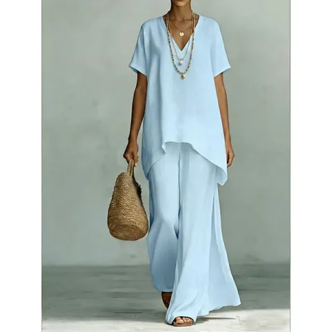 Completo Casual da Donna con Top Largo e Pantaloni a Gamba Larga Collo a V Manica Corta Misto Cotone Tinta Unita