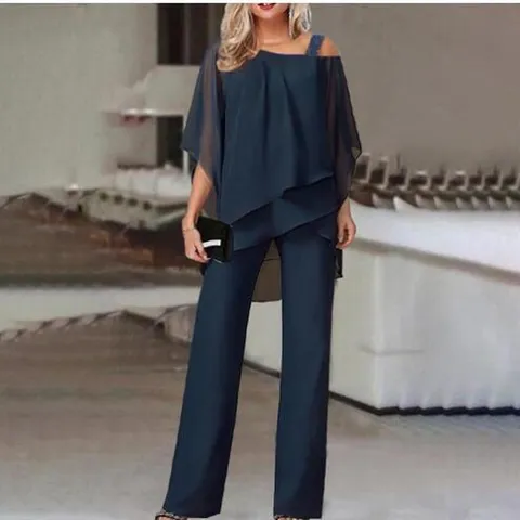 Vrouwen Elegante Polyester Chiffon Top En Bottom Set Onregelmatige Off-Shoulder Vleermuismouw Top Met Bijpassende Jumpsuit Mode Casual Outfit
