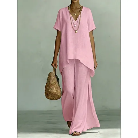 Completo Casual da Donna con Top Largo e Pantaloni a Gamba Larga Collo a V Manica Corta Misto Cotone Tinta Unita