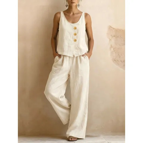 Mujer Algodón Lino Top Y Bottom Chaleco Sin Mangas Y Pantalones Anchos Elegante Conjunto de Verano Color Sólido