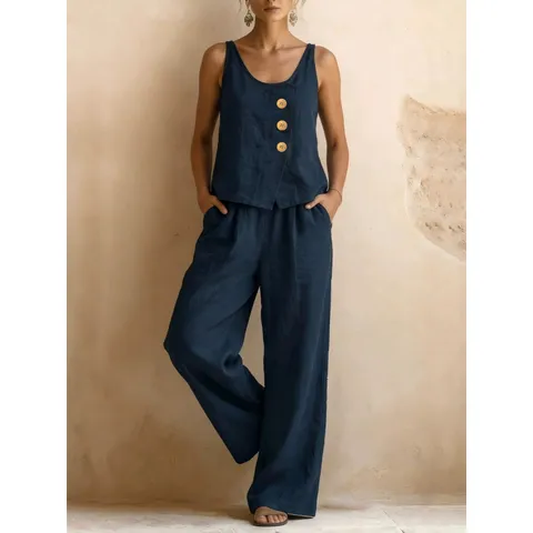 Mujer Algodón Lino Top Y Bottom Chaleco Sin Mangas Y Pantalones Anchos Elegante Conjunto de Verano Color Sólido