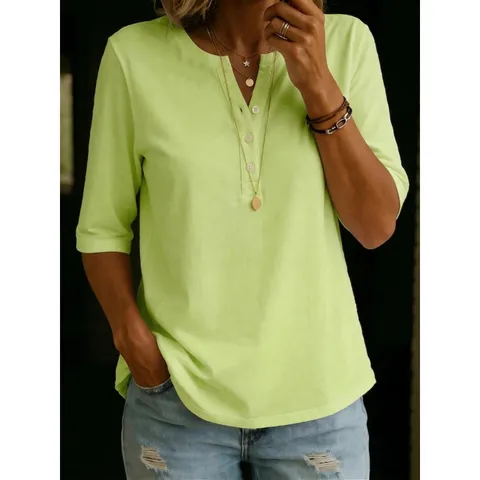 Dames Casual Katoen Kapok Henley T-Shirt Effen Kleur V-Hals Patchwork Korte Mouw Top Met Knoopversiering Voor Strand Dagelijks