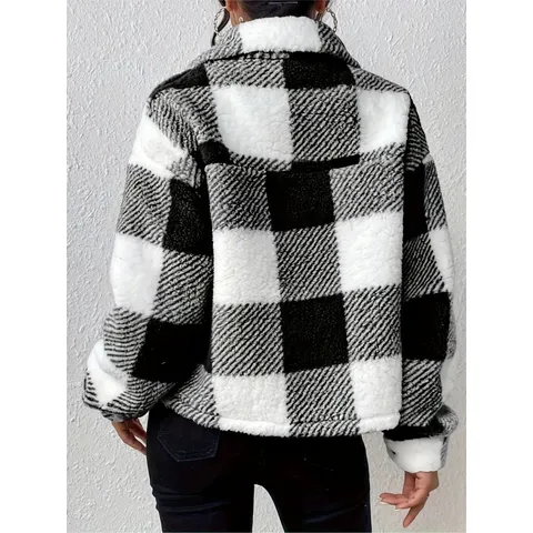 Dames Casual Ruitjes Fleece Cardigan Jas Lange Mouw Revers Knoop Zak Bovenkleding Herfst Winter Kleding