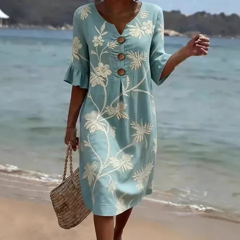 Women V Neck Printed Loose Half Sleeve Dress Vacation Style Polyester Button Front Midi Dress Casual Resort Wear