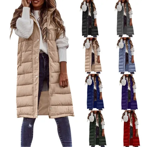 Women Mid-Long Hooded Padded Vest Quilted Sleeveless Jacket Solid Color Casual Outerwear Warm Cardigan With Pockets