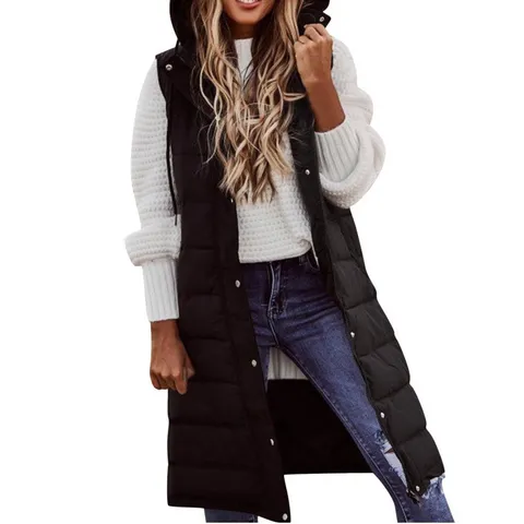 Women Mid-Long Hooded Padded Vest Quilted Sleeveless Jacket Solid Color Casual Outerwear Warm Cardigan With Pockets