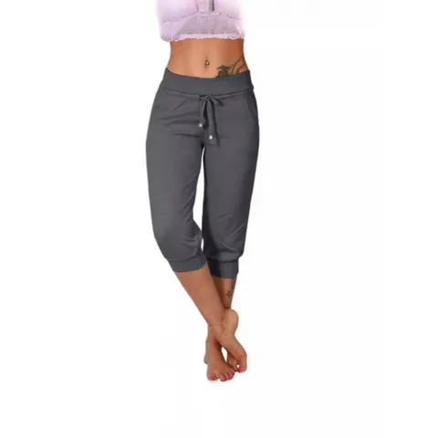 Dames Gebreide Capribroek Casual Slim Fit Elastische Taille Trekkoord Joggingbroek Met Zakken Effen Kleur Sportbroek