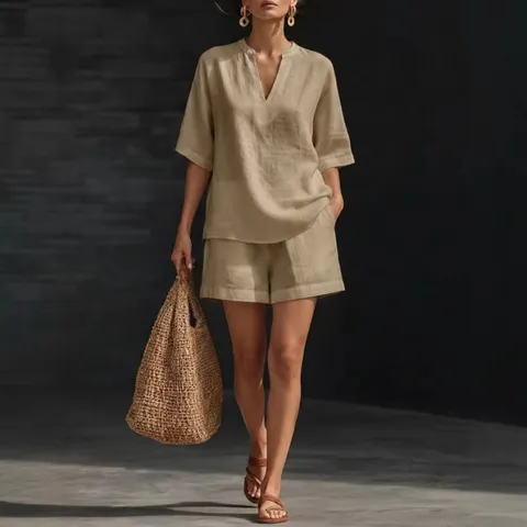 Γυναικείο Casual Σετ Top Και Bottom από Πολυεστέρα Με Λαιμόκοψη V Χαλαρή Καλοκαιρινή Μόδα Μονόχρωμο Casual Σετ Δύο Τεμαχίων Γυναικεία Ρούχα