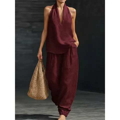 Dames Halter Mouwloos Polyester Top And Bottom Set Effen Kleur Losse Wijde Pijpen Broek Twee Delig Casual Zomer Outfit