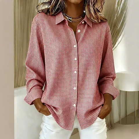 Dames Casual Ruit Lange Mouw Overhemd Revers Button Down Gingham Blouse Katoen Linnen Top Voor Dagelijks Kantoorgebruik Trendy Mode