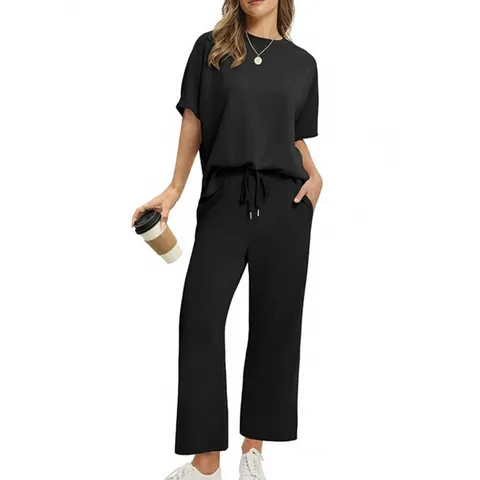 Dames Casual Modaal Katoen Set Korte Mouw Top En Wijde Pijpen Broek Effen Kleur Zomer Outfits Voor Woon-werkverkeer