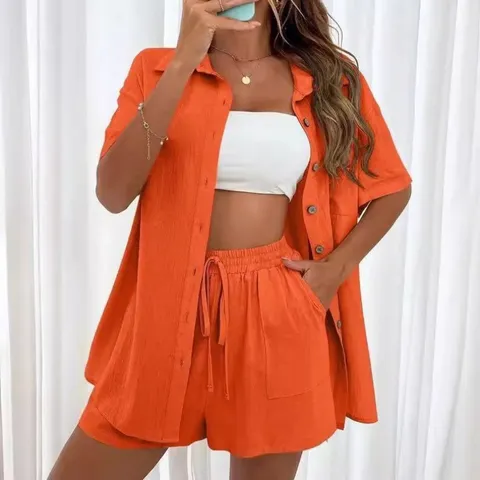 Dames Casual Losse Effen Kleur Korte Mouw Shirt en Shorts Tweedelig Set Katoenmix Ademende Zomer Strand Outfit