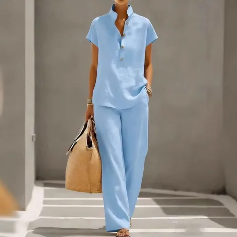 Dames Casual Effen Kleur Korte Mouw Opstaande Kraag Cardigan En Lange Broek Set Los Tweede Delige Outfit Loungewear