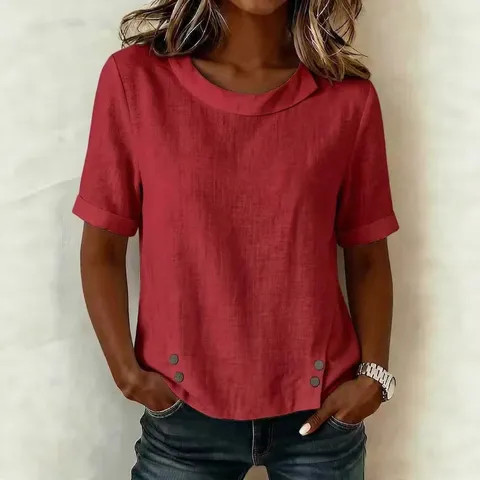 Dames Casual Katoen Linnen Korte Mouw Ronde Hals Losse Top Asymmetrisch Knooppatroon Zomer Basis T-Shirt