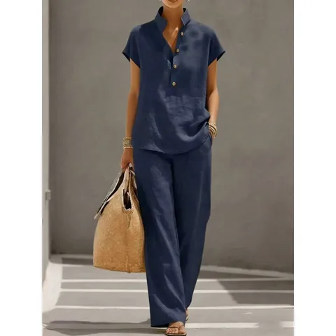 Dames Casual Effen Kleur Korte Mouw Opstaande Kraag Cardigan En Lange Broek Set Los Tweede Delige Outfit Loungewear