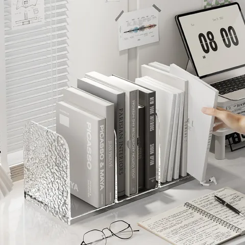 Transparent Acrylic Desktop Bookend File Organizer Office Student Book Storage Rack Clear Plastic Bookshelf Stand