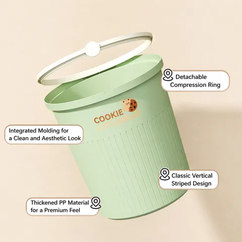 Poubelle En Plastique Style Crème Avec Couvercle À Pression Imprimé Ours Mignon Grande Capacité Corbeille Pour Cuisine Salle De Bain Maison