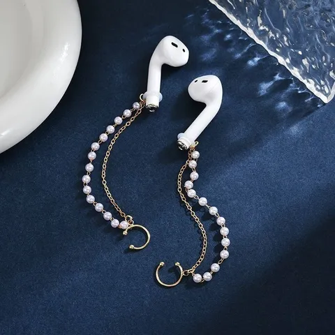 European American Wireless Earphone Anti-Lost Chain Double Layer Alloy Ear Cuff With Artificial Pearl Rhinestone For Women