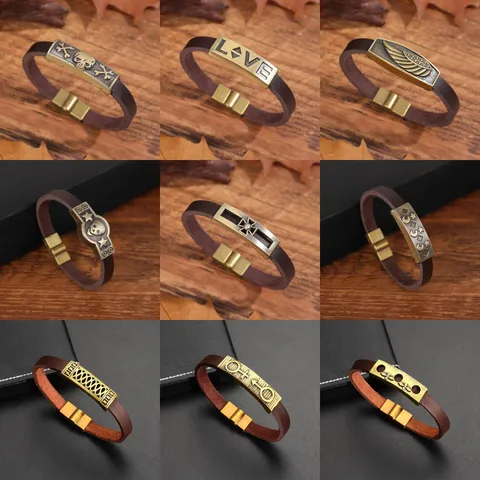 Vintage Men PU Leather Bracelet Antique Bronze Alloy Skull Cross Charm Magnetic Buckle Punk Bangle Trendy Jewelry Gift