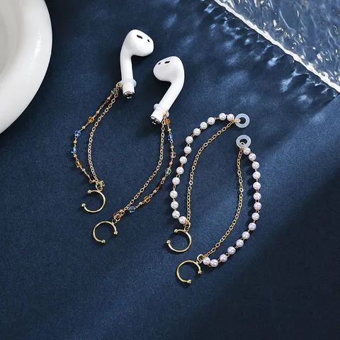 European American Wireless Earphone Anti-Lost Chain Double Layer Alloy Ear Cuff With Artificial Pearl Rhinestone For Women