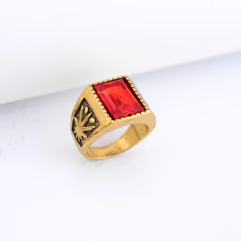 Retro Alloy Square Red Rhinestone Ring For Men Antique Finish Maple Leaf Embossed Geometric Hip Hop Trend Band Ring Gift