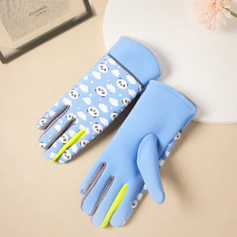 Children Winter Warm Fleece Lined Gloves Cute Panda Cloud Print Windproof Cold Weather Outdoor Sports Ski Mittens For Kids