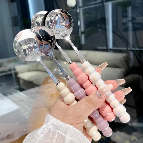 Stainless Steel Soup Spoon Ceramic Long Handle Round Spoon Household Dessert Watermelon Spoon Dinner Tableware