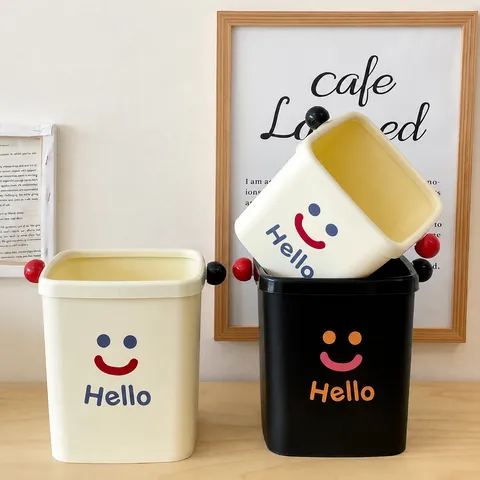 Desktop Mini Trash Can Plastic Cute Smiley Face Wastebasket With Press Ring Small Garbage Bin For Office Dorm Living Room