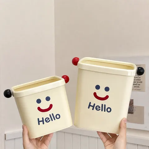 Desktop Mini Trash Can Plastic Cute Smiley Face Wastebasket With Press Ring Small Garbage Bin For Office Dorm Living Room
