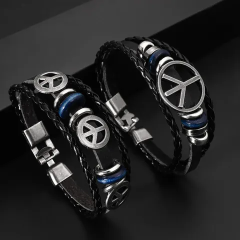 Vintage Multilayer Braided Leather Bracelet With Peace Symbol Alloy Buckle Retro Punk Leather Wristband For Men Women Jewelry