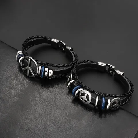 Vintage Multilayer Braided Leather Bracelet With Peace Symbol Alloy Buckle Retro Punk Leather Wristband For Men Women Jewelry