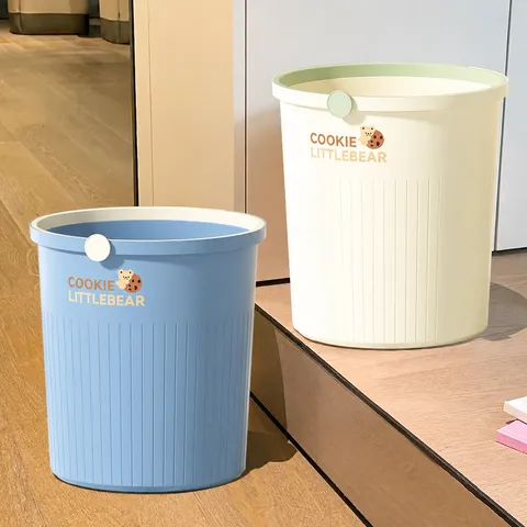 Cream Style Plastic Trash Can With Pressure Ring Cute Bear Pattern Large Wastebasket For Kitchen Living Room Bathroom