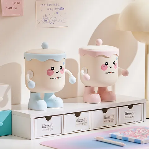 Cute Mini Desktop Trash Can With Lid Plastic Cartoon Small Wastebasket Desktop Storage Bin For Dormitory Office Table