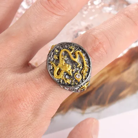 Vintage Retro Schwarz Gold Relief Chinesischer Drache Herren Ring Legierung Strass Mode Schmuck Geschenk