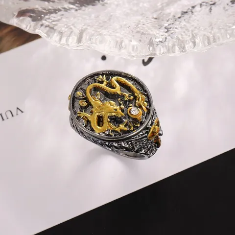 Vintage Retro Schwarz Gold Relief Chinesischer Drache Herren Ring Legierung Strass Mode Schmuck Geschenk