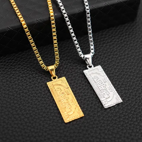 Trendy Alloy Dollar Bill Pendant Necklace With Box Chain Gold Silver Long Bar Necklace Jewelry For Women
