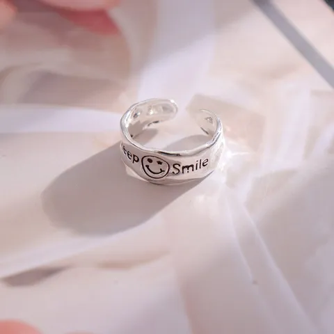 Vintage Niche Design Silver Metal Open Ring Featuring Keep Smile Smiley Face Fashion Jewelry