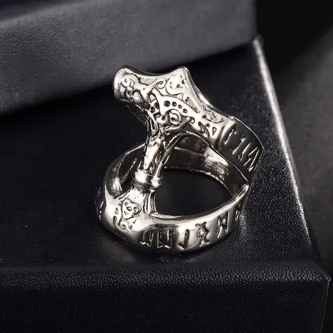 Retro Viking Thor's Hammer Ring For Men Alloy Nordic Rune Carved Punk Finger Ring Fashion Jewelry Gift