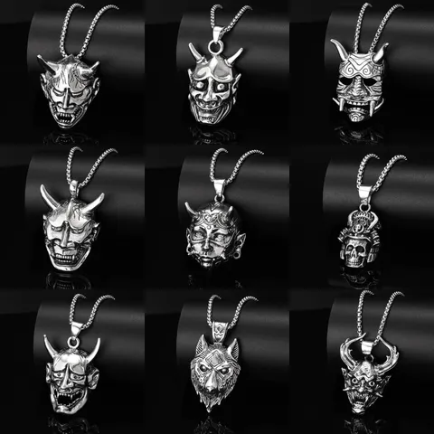 Retro Punk Gothic Alloy Hannya Mask Skull Wolf Pendant Necklace Vintage Silver Men Hip Hop Jewelry Gift