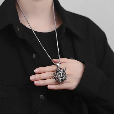 Retro Punk Gothic Alloy Hannya Mask Skull Wolf Pendant Necklace Vintage Silver Men Hip Hop Jewelry Gift