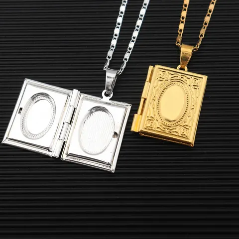 Collar Con Colgante Relicario de Acero Inoxidable Minimalista Cadena Caja de Fotos de Libro Abrible Joyería de Moda Regalo Para Mujer