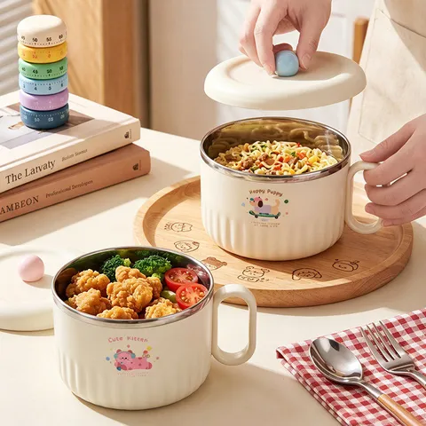316L Stainless Steel Instant Noodle Bowl Student Dormitory Large Capacity Thermal Insulation Bowl With Lid Cute Cartoon Design